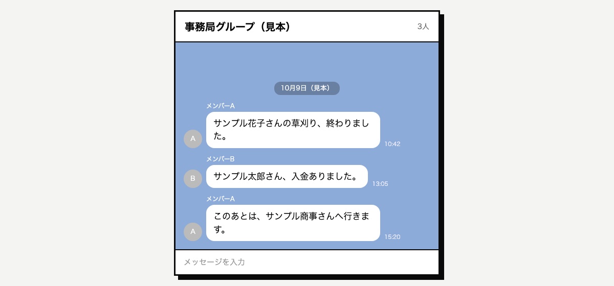 事務局のLINEグループの撮影用ダミー。メンバーAの「サンプル花子さんの草刈り、終わりました」とメンバーBの「サンプル太郎さん、入金ありました」が並ぶ。